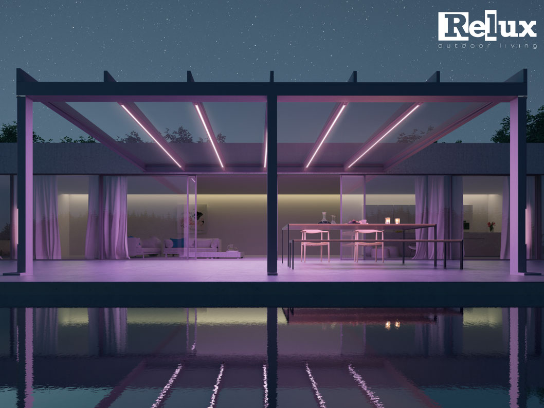 kubisches Glasdach von Weinor mit LED-Beleuchtung