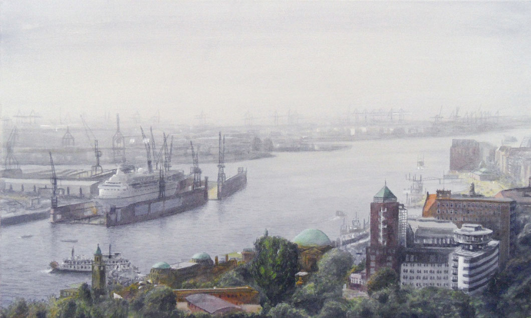 Hamburg, Elbe, Blick vom Turm der Niolaikirche, Acryl auf Nessel