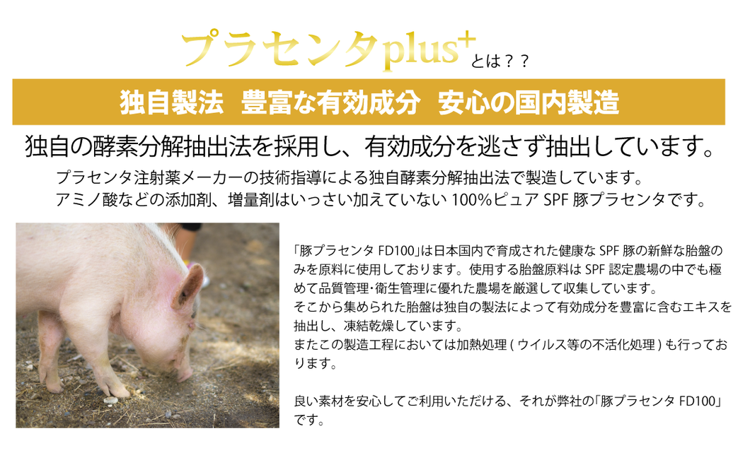 原料は日本国内で育成された健康なSPF豚の新鮮な胎盤のみ。日本国内の工場にて独自の酵素分解抽出法で有効成分を逃さず抽出。添加剤や増量剤はいっさい加えていない100%ピュアSPF豚プラセンタ