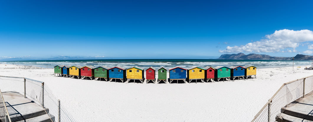 Panoramic of the colourful beach houses of Muizenberg, South Africa