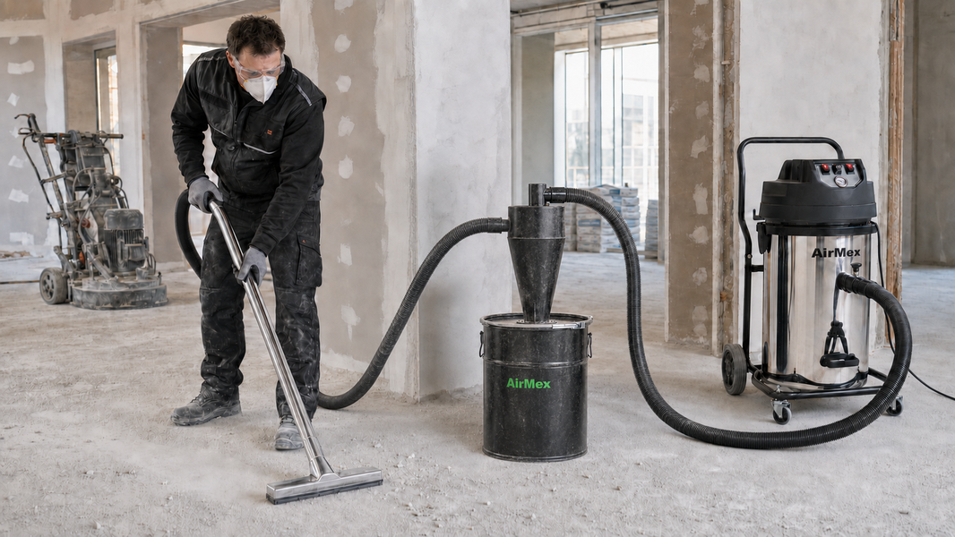 AirMex Zyklonvorabscheider im Einsatz mit Industriesauger beim Betonschleifen auf der Baustelle
