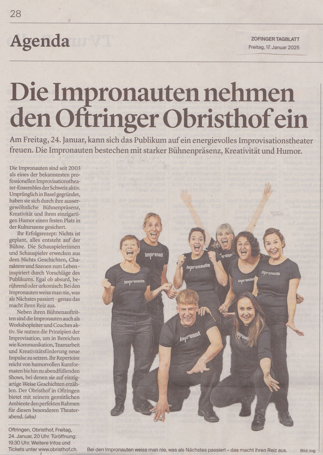 Die Impronauten aus Basel - Ankündigung Zofinger Tagblatt