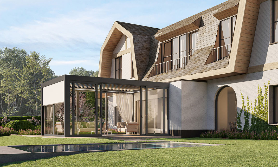 Lamellendach von Winsol als Kaltwintergarten mit integrierten Screens und Outdoor Vorhängen