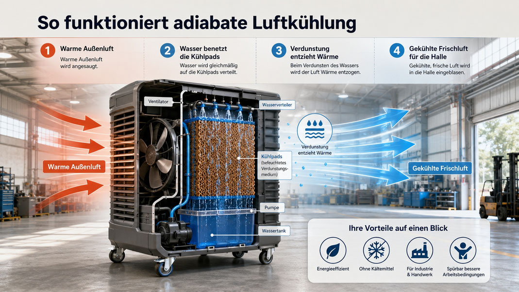 Funktionsweise eines Industrie-Verdunstungskühlers – adiabate Kühlung durch Wasserverdunstung