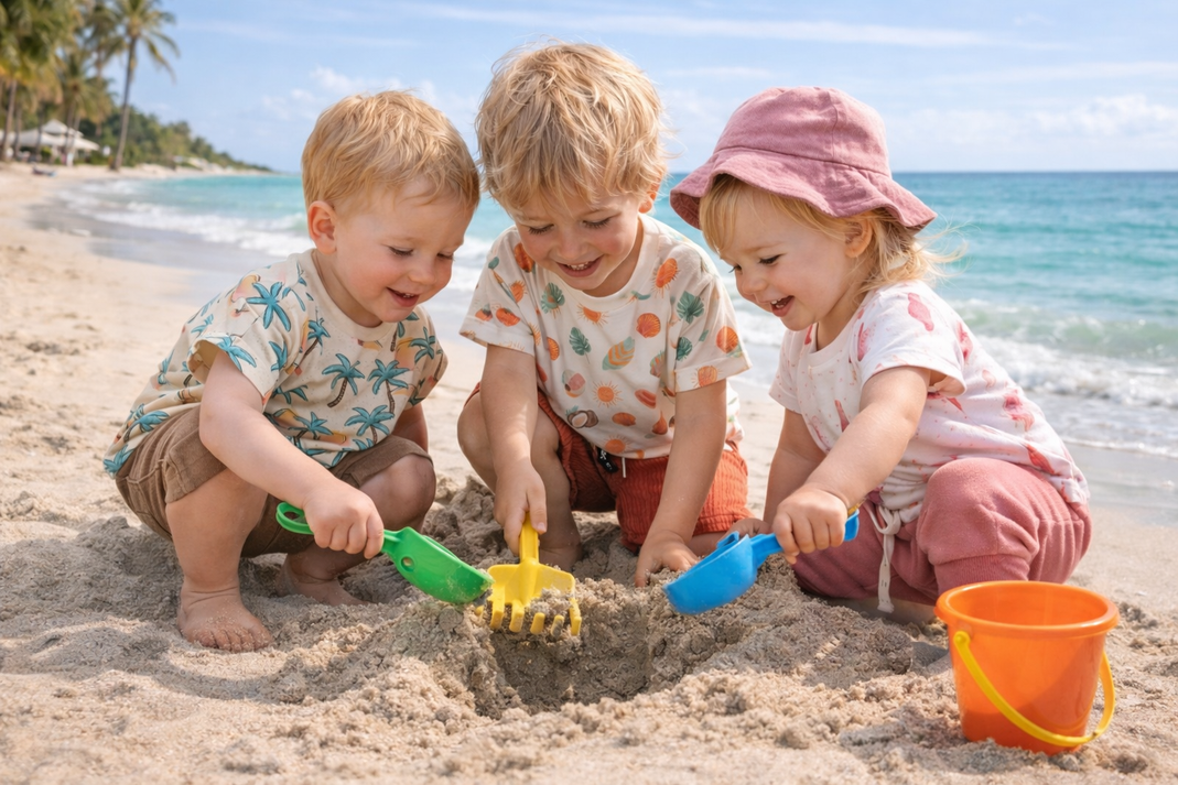 Drei Kinder am Strand in der Sommer-Kollektion von Scherzinger-Baby