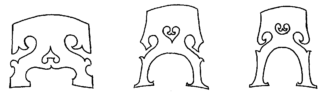 Abbildung 3: Stegmodelle für Celli: barock (li.), modern, französisches Modell (Mitte), modern, belgisches Modell (re.) (aus: W. Pape u. W. Boettcher, Das Violoncello, Mainz 1996)