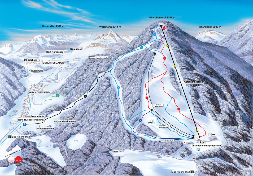 Winterpanorama Götschen, Bischofswiesen, Liftanlagen Götschen, Pistenplan Götschen