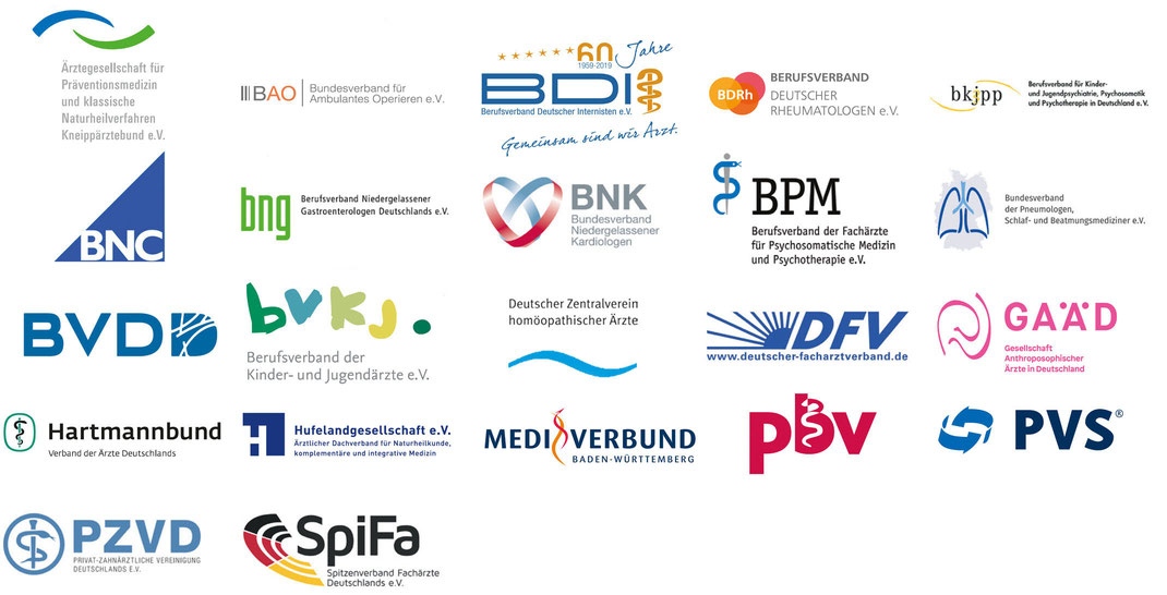 Logos der Unterstützer: BDI; BVKJ; BPM; BKJPP;  Kneippärztebund; BAO; DZVhÄ; GAÄD; Hartmannbund; Huflandgesellschaft; PBV; PVS; PZVD; SpiFa;