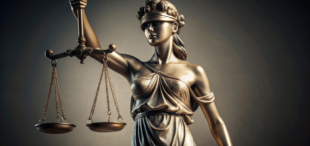 justizija als broncefigur mit waage un der hand und einer hochgeschobenen augenbinde