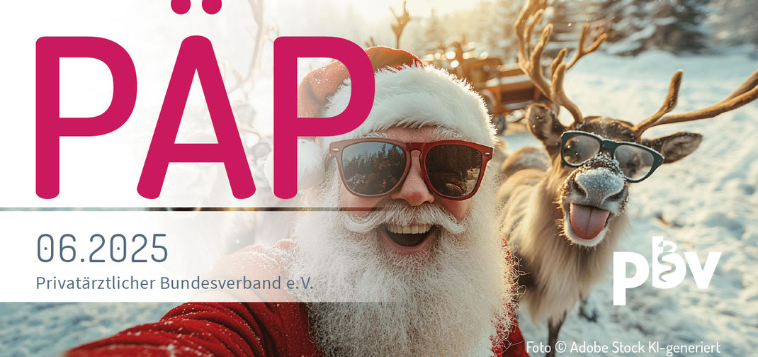titel der päp 06 2025 ein weihnachtsmann und ein rentier mit Sonnenbrille machen eine selfie, das rentier streckt die zunge raus. KI generiert