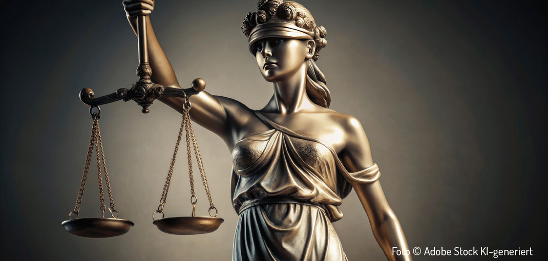 Justitia mit hochgeschobener augenbinde, KI generiert