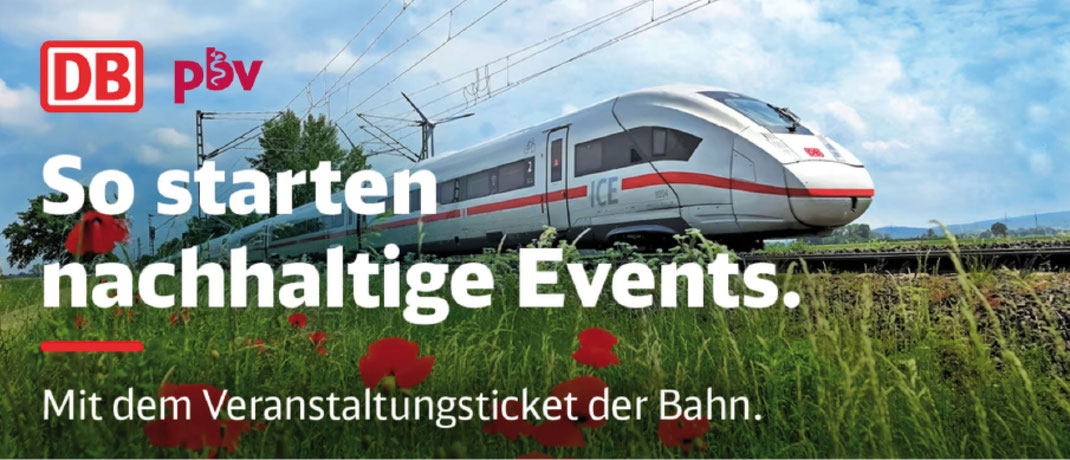 Anzeige für ein günstiges veranstaltungsticket der deutsche bahn ag, ein ICE fährt durch eine grüne Landschaft