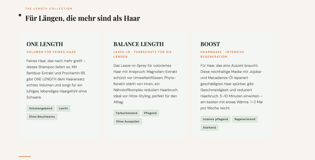 Produktübersicht der Mehlfeld Signature Line ‚The Length Collection‘ mit den Produkten ONE LENGTH, BALANCE LENGTH und BOOST für Volumen, Farbschutz und intensive Regeneration langer Haare.