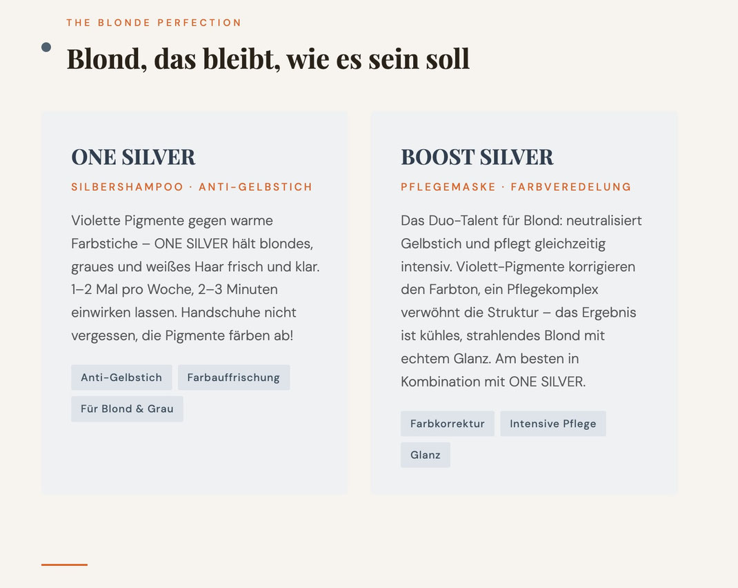 Produktübersicht der Mehlfeld Signature Line ‚The Blonde Perfection‘ mit den Produkten ONE SILVER und BOOST SILVER zur Neutralisierung von Gelbstich und Pflege von blondem oder grauem Haar.