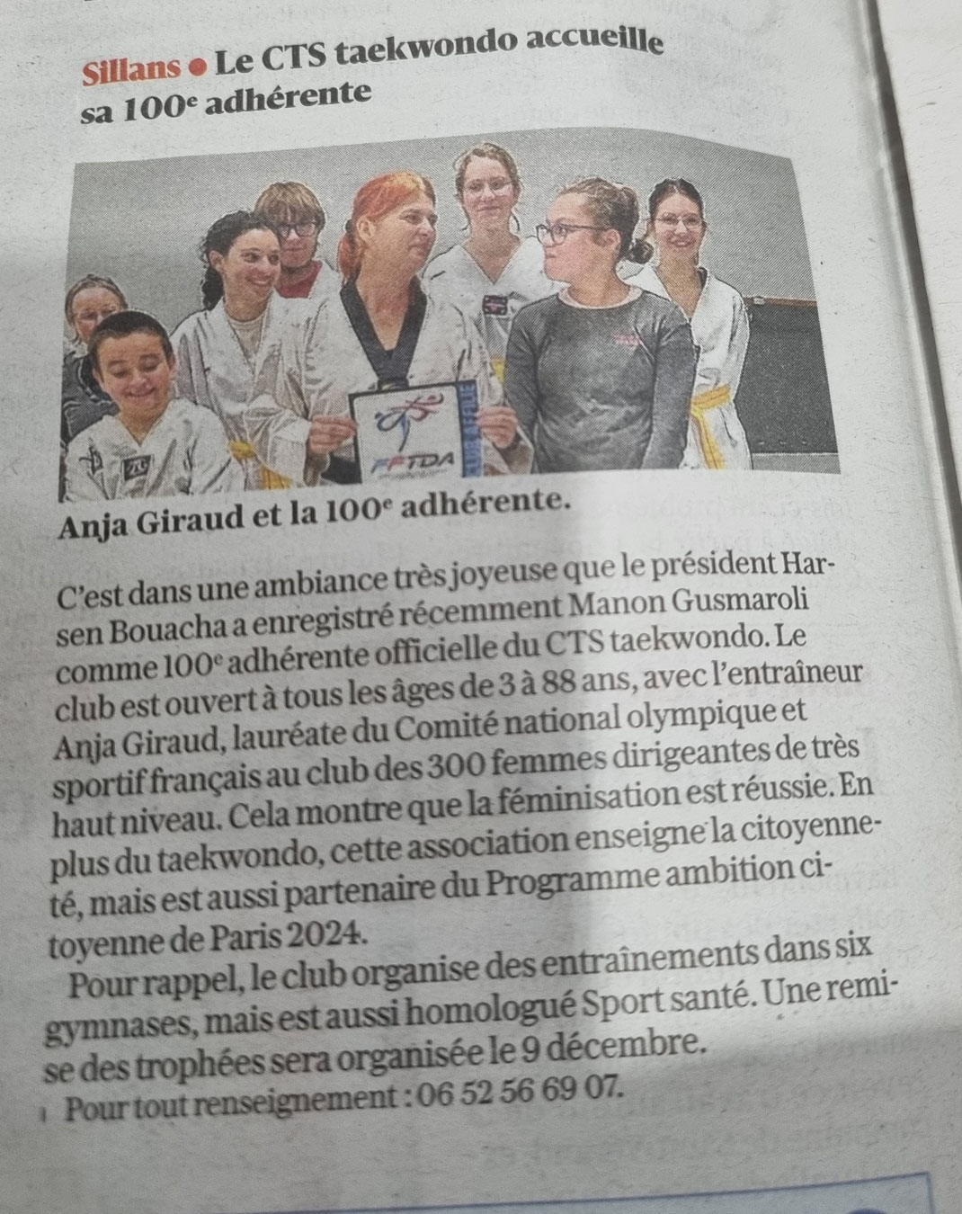 CTS Taekwondo 100eme adhérente