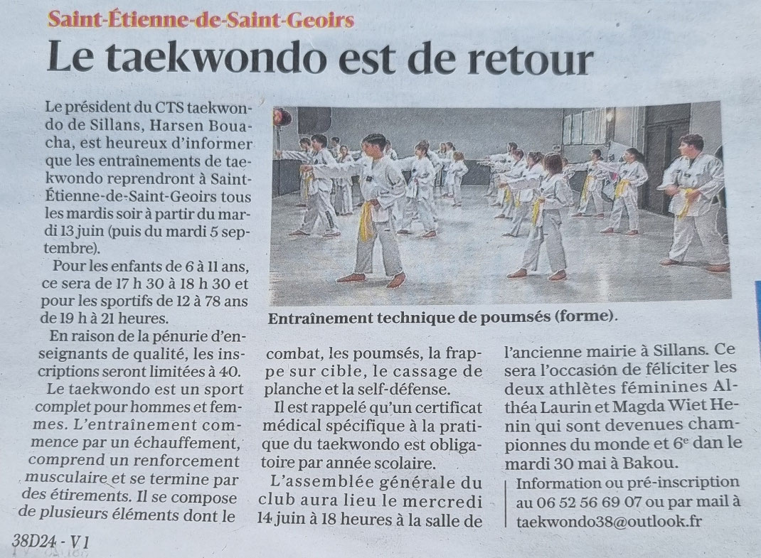 CTS Taekwondo Article du 11 juin 2023 sur les nouveaux cours