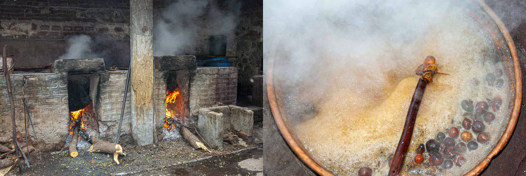 Pour extraire la couleur, les peaux sont portées à ébullition pendant une heure environ. Le bain obtenu est ensuite laissé à macérer durant une journée complète, avant d’être filtré pour recueillir la teinture prête à l’emploi.