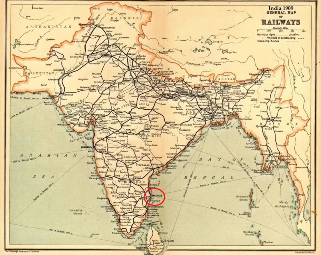 Carte de l'Inde datant de 1909 mettant en valeur la ville de Madras (aujourd'hui Chennai).