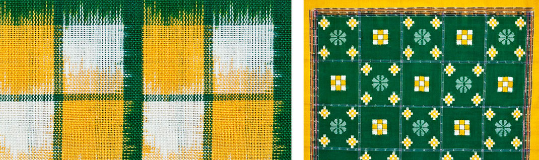 Détail d'un "double ikat". La longueur des fils jaunes dépasse le motif en raison du tissage et de la pénétration de la couleur aux extrémités des ligatures.
