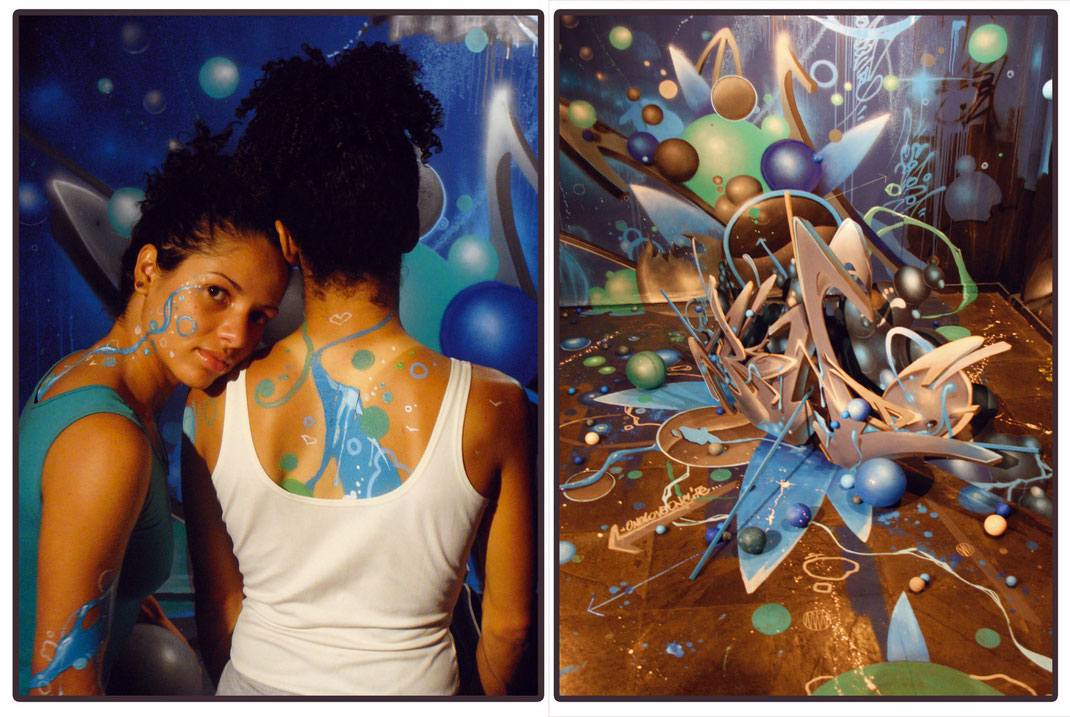 Body painting et installation du graffeur parisien Kendo lors de l'exposition de graffiti et street art "O ENCONTRO" dans le cadre de l'année de la France au Brésil à Brasilia. 