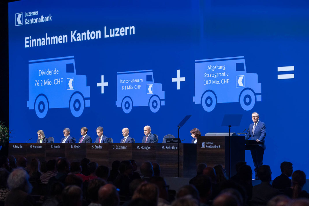 Die Geschäftsleitung der Luzerner Kantonalbank auf dem Podium