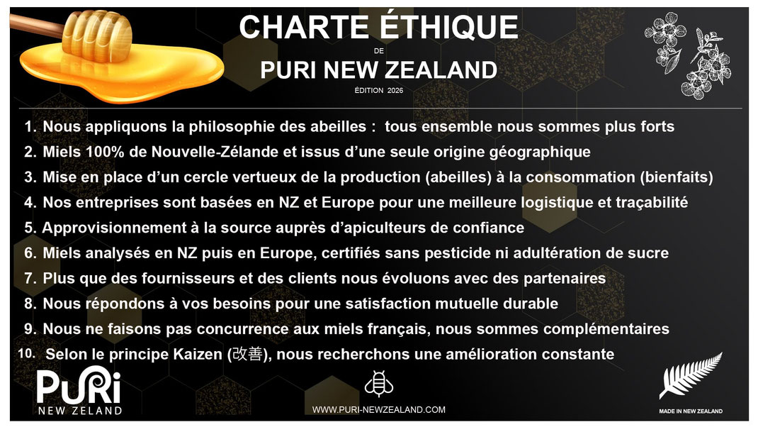 Charte Ethique de Puri New Zealand, des Miels de Nouvelle-Zélande sans pesticide ni adultération de sucre avec plusieurs analyses scientifiques et contrôle de la tracabilité