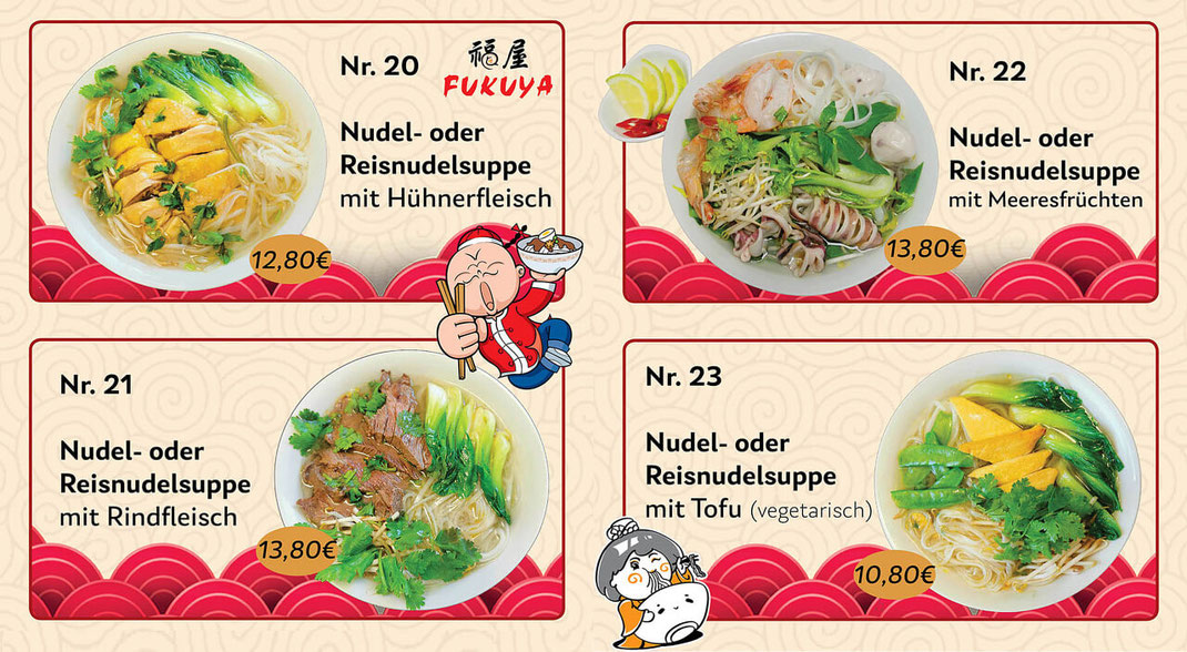 Speisekarte Nudelsuppen und Reisnudelsuppen