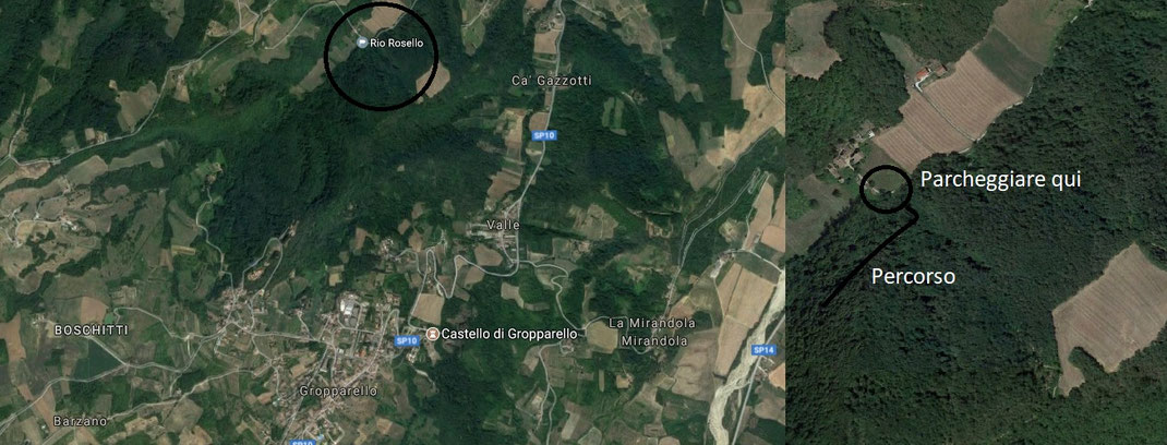 Mappa della zona. E' indicata la posizione migliore per parcheggiare l'auto.