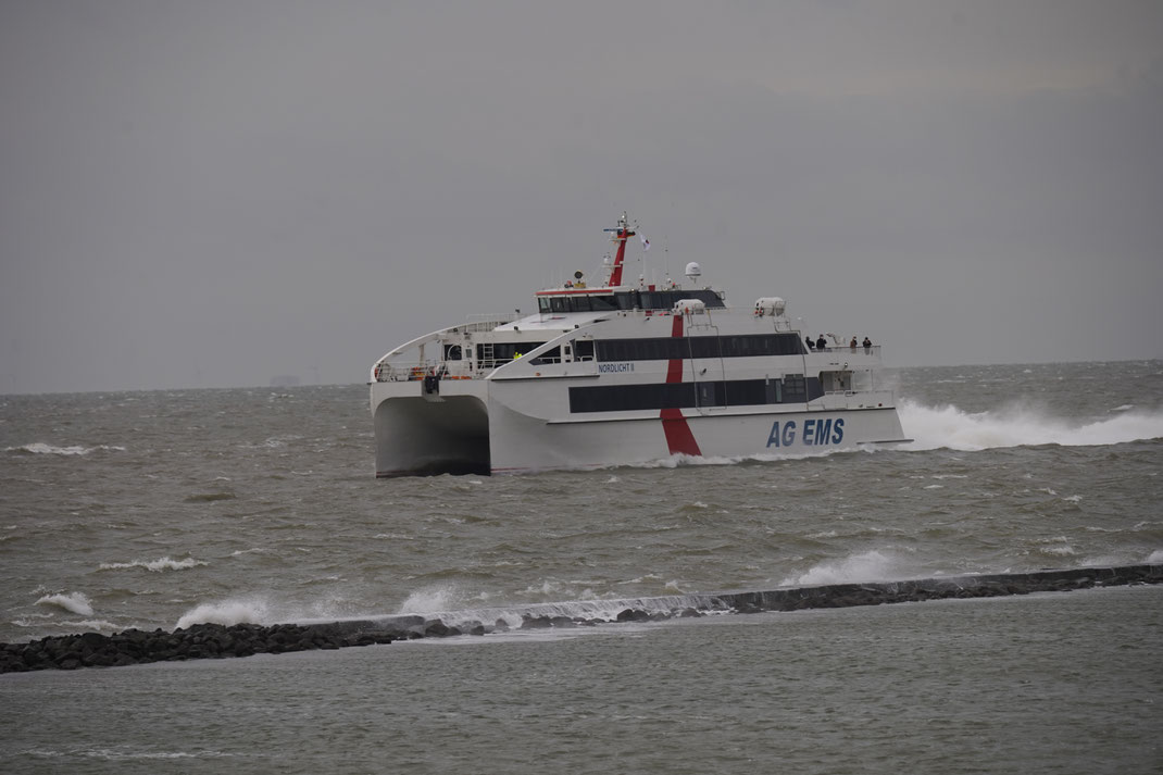 Das Bild zeigt einen Katamaran bei rauem Wellengang auf dem Meer.