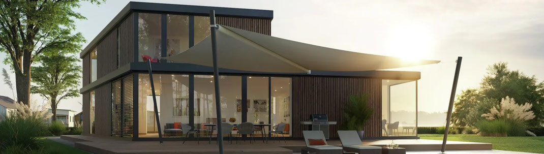 freistehendes Sonnensegel schützt Terrassenbereich vor Sonne und Regen