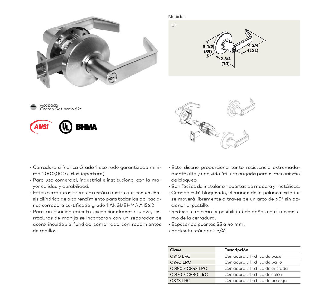 Cerradura cilíndrica C800 grado 1