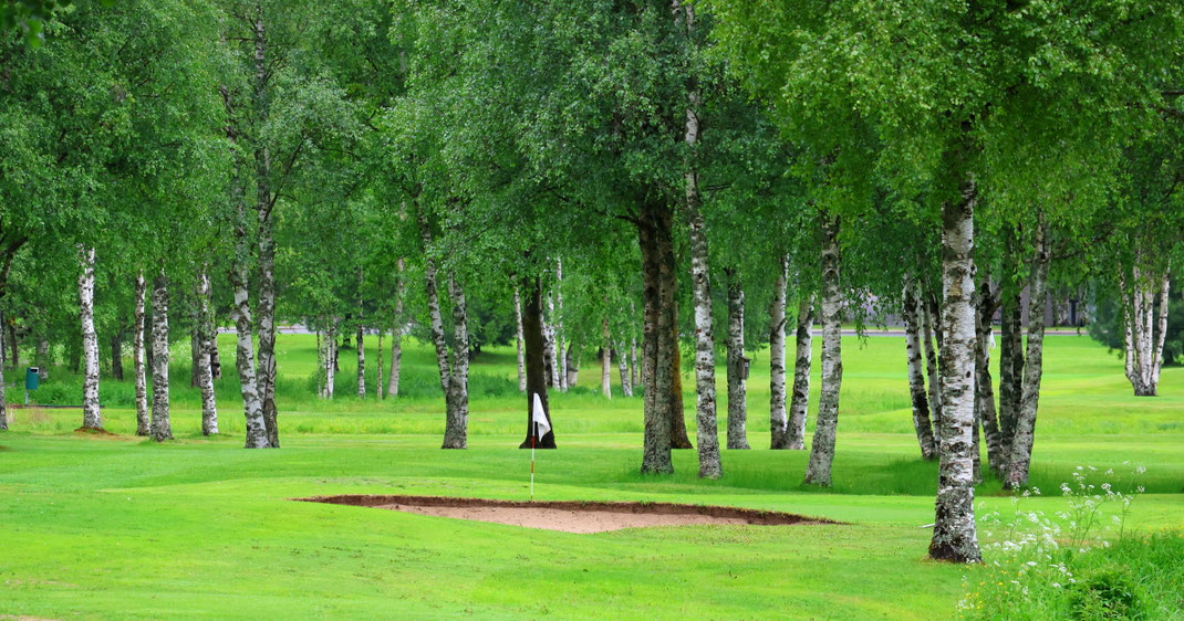Sehenswürdigkeiten Tornio: Fahne der Golfbahn 6 des grenzüberschreitenden Golfplatzes von Haparanda (Schweden) und Tornio (Finnland). 