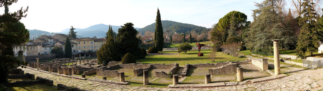 Sehenswürdigkeiten Vaison-la-Romaine: Ruinen der römischen Bauten und Säulen säumen einen großen Park.