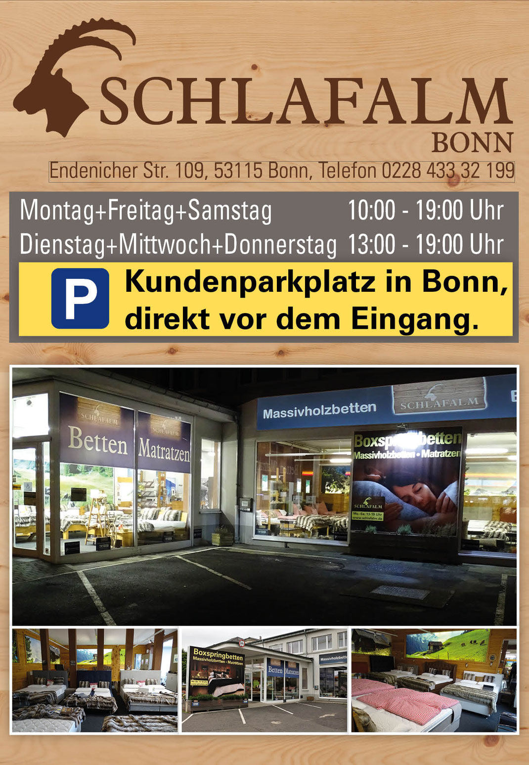 Ein Bild, das Text, Bilder der Schlafalm Bonn, Bett, Massivholz Bett, Boxspringbett, Matratze, Schlafzimmer, Bettengeschäft enthält