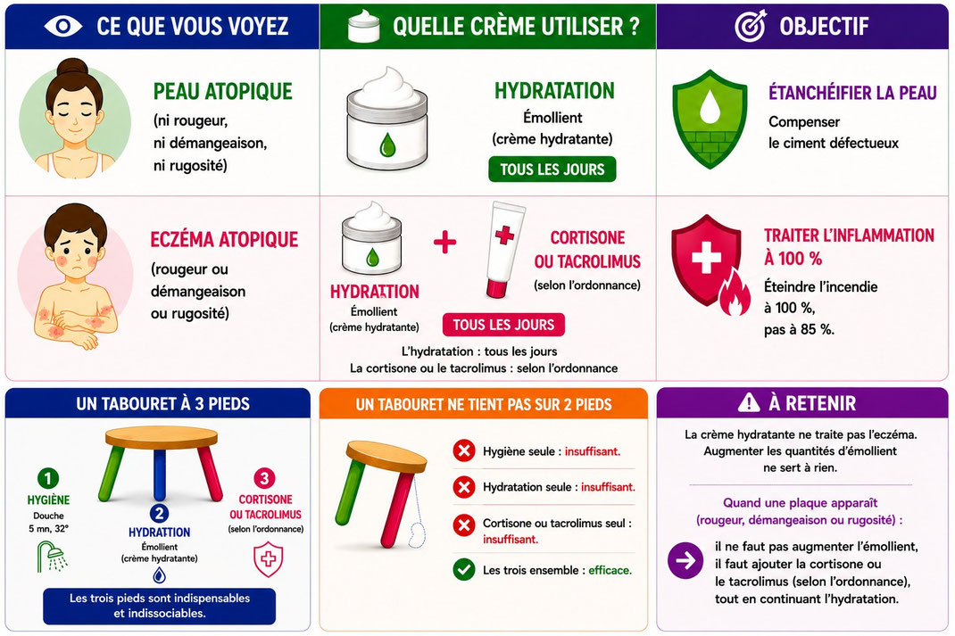 le traitement de base de l'eczéma : l'hygiène, l'hydratation, la cortisone ou le tacrolimus 