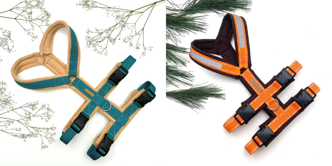handzahm Sicherheitsgeschirre links GB: Petrol, Fleece Camel; rechts GB: Reflex-Orange, Softshell: Braun