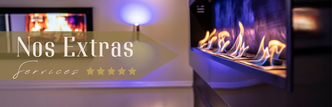 Ambiance bois et feu de cheminée pour vos services extras en chalet de luxe avec bain nordique dans les Vosges.