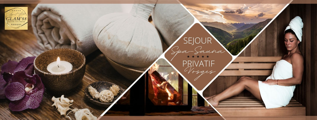 Bannière page calendrier et reservation Gites & Spa Privatif Glam88 Vosges, avec bougies, feu de cheminée, montagne Vosgienne pierre chaude et femme se relaxant dans le sauna. séjour de luxe et détente avec espace bien-être 