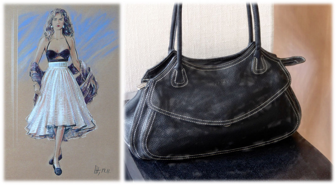 Modegrafik-Illustration M. Heilmann | Collage PRADA Vintage Bag | Feintäschner-Kultur & TASCHEN-WELLNESS Berlin
