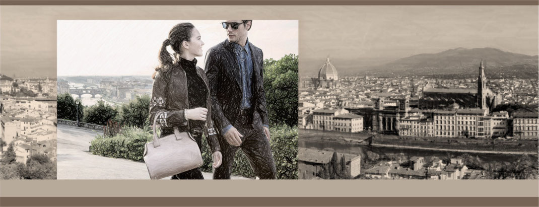 Modegrafik-Illustration M. Heilmann | Blick über Florenz | Stadtlandschaft der TOSKANA mit schönster Bogenbrücke PONTE VECCHIO