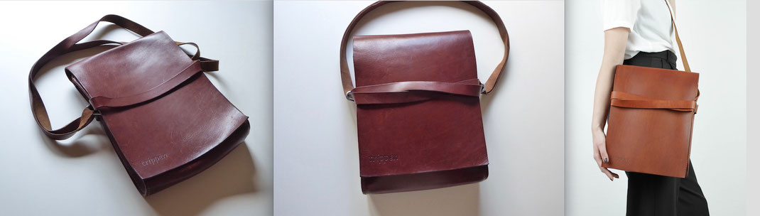 Gespendete Umhängetasche, 10 Jahre alte Gebrauchsspuren | Vollrindleder TASCHEN-MODELL aktuell aufgearbeitet | Design-Label TRIPPEN Berlin | Hochformat mit Original Cross-Lederband variabel tragbar