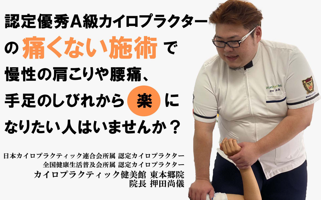 認定優秀Ａ級カイロプラクターの痛くない施術で慢性の肩こりや腰痛、手足のしびれから楽になりたい人はいませんか。カイロプラクティック健美館東本郷院（川口市）では体験会を開催中です。