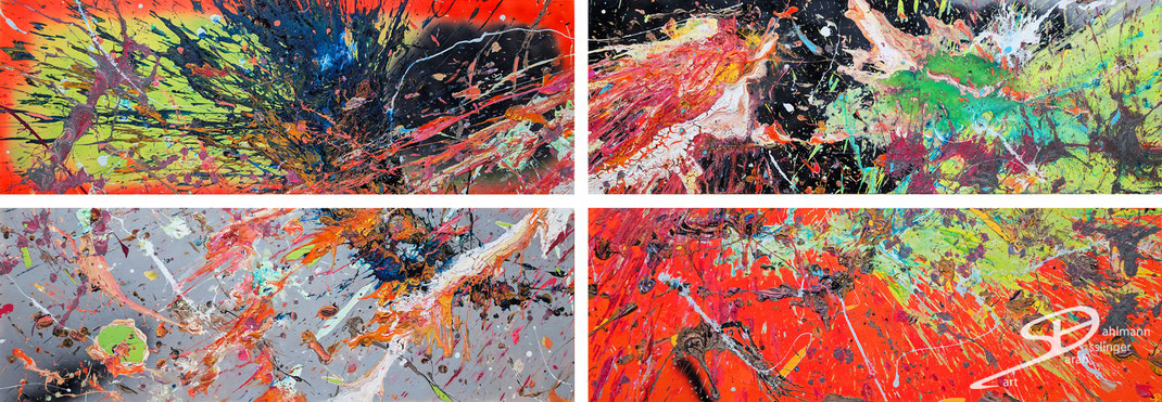 Sarah Esslinger-Dahlmann, wilderness (vierteilig), November 2024, je 150 x 50 cm bzw. gesamt 300 x 100 cm, Acrylfarbe, Mischtechnik auf Leinwand, abstraktes, kraftvolles, farbintensives Werk, gesprühtes, geschüttetes Orange, Neon, grau, schwarz