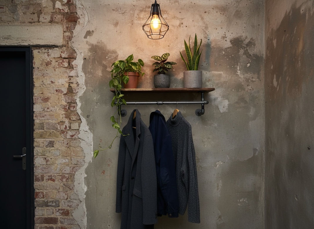 industrial rohrgarderobe metall holz flur loft schweiz kaufen