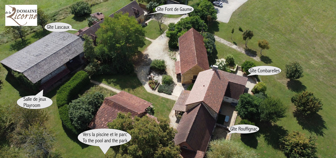 Domaine de la Licorne, 4 beaux gites en Périgord Noir, vue générale aérienne