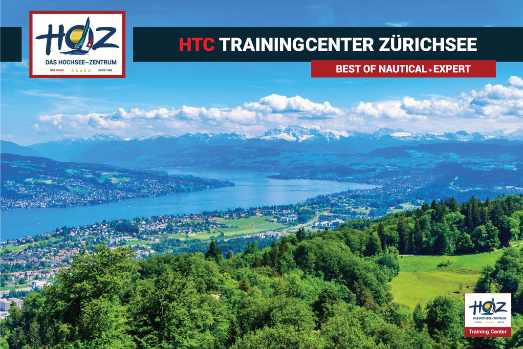 HTC Trainingcenter Zürichsee des HOZ Hochsee-Zentrums mit Blick auf den Zürichsee und die Alpen – nautische Ausbildung für CCS und SYA Prüfungen.