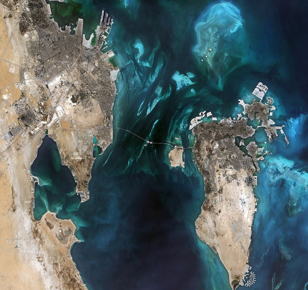 Satellite Capturing from Bahrain ( Island ) Gulf / Coast / Above / ( Middle East ) / Blue Water / Region / Mid-East / Archipelago of 50 Islands has Bahrain / Small Country in the GCC / ( Qiddiya ) is half big as Bahrain