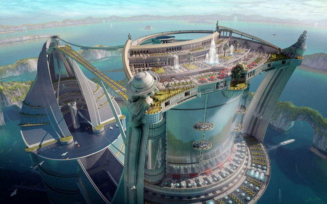 Example for NEOM / (  Giga Project ) on the Red Sea / Model for Harbour & Architectural Bright Future in the  Kingdom  /  Example from A.P.P / Also the statues on the front building /  Education & Tourism and Harbour Site / Port / Harbour Sites & ( Deck )