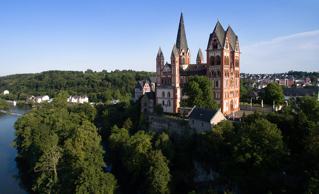Beautiful Limburger Dom, Cathedral at the romantic river Lahn, aerial, dji, phantom, Germany, 1280x778px