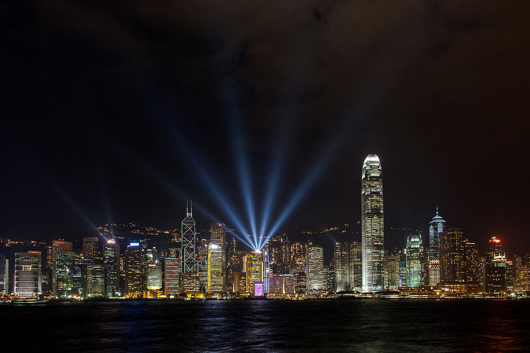 Beautiful illuminated Hongkong skyline at night with laser show, Kowloon, China, Asia, 1280x853px 